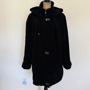 Fleet Street Women Black Microfiber Quilted Buckle Jacket w Removable Hood Sz XL